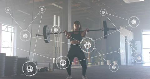 Woman performing front squat in industrial gym with digital network overlay