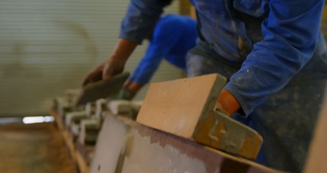 This image depicts construction workers in blue overalls laying building blocks indoors. Ideal for content related to construction, renovation, masonry, teamwork, and manual labor. It can be used in articles discussing construction processes, workforce, and training materials for building professionals.