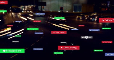Nighttime Urban Traffic with Motion Blur Light Trails and Floating Social Media Alerts