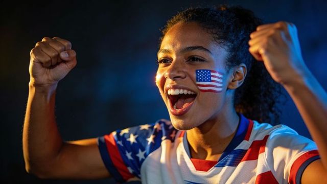 Cheering young sports fan raising clenched fists wearing usa jersey and flag face paint
