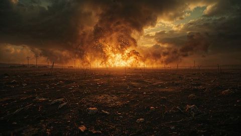 Apocalyptic scene with explosive airstrikes fireball and chaos