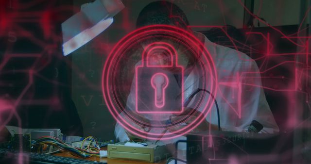 Cybersecurity expert analyzing sensitive information with a symbolic red lock icon overlayed, emphasizing data protection and cyber threats. Ideal for use in articles, presentations, and educational materials related to information security, technology, and digital crime prevention.