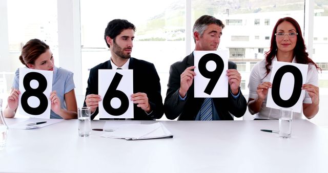 Business team members holding score cards with numeric ratings and expressions. Useful for illustrating concepts of evaluation, performance review, team collaboration, and feedback in a professional setting.