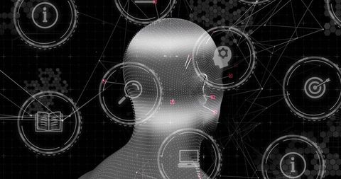 Futuristic Digital Interface with AI Silhouette and Icons