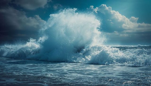 Majestic ocean wave crashing under cloudy sky