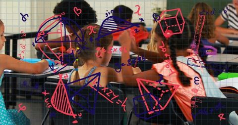 Elementary students solving geometry problems in classroom with bright math doodles