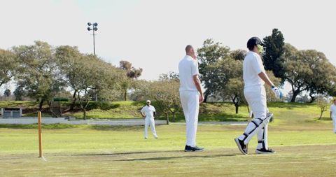 Male cricketers engaged in park match near wicket stumps
