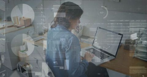 Professional Woman Analyzing Data with Technology Overlays at Workspace