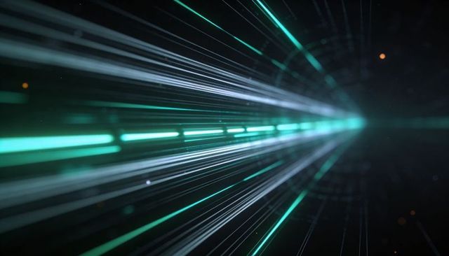 Streaming teal light streaks converging into futuristic digital tunnel perspective
