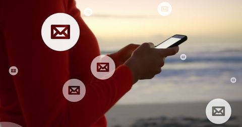 Woman Using Smartphone on Beach with Email Icons Overlay - Download Free Stock Images Pikwizard.com