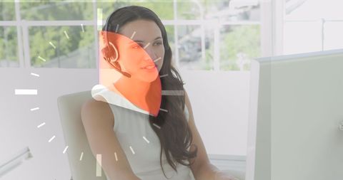 Businesswoman in headset working with futuristic clock overlay