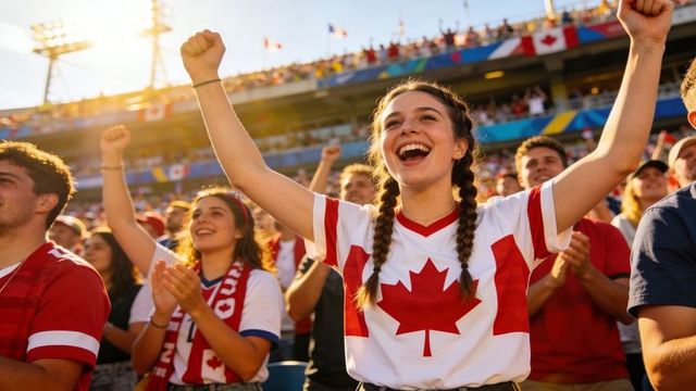 Canadian soccer fan cheering and raising arms in sunlit stadium crowd