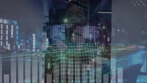 Businesswoman Analyzing Financial Data with City Lights