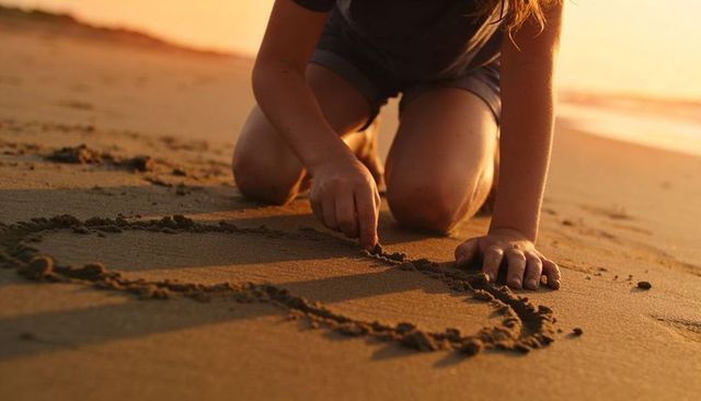 Child drawing heart in wet beach sand at golden hour sunset, kneeling close-up