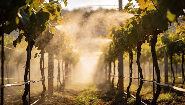 Vineyard aisle glowing in golden hour light with irrigation mist and trellis rows