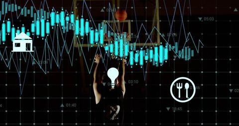 Athlete raising arms under neon data visualization overlay with cyan candlestick charts