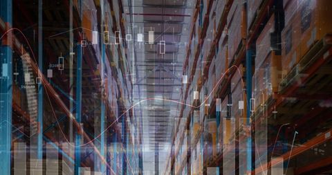 Digital Financial Data Overlay on Empty Warehouse Interior - Download Free Stock Images Pikwizard.com