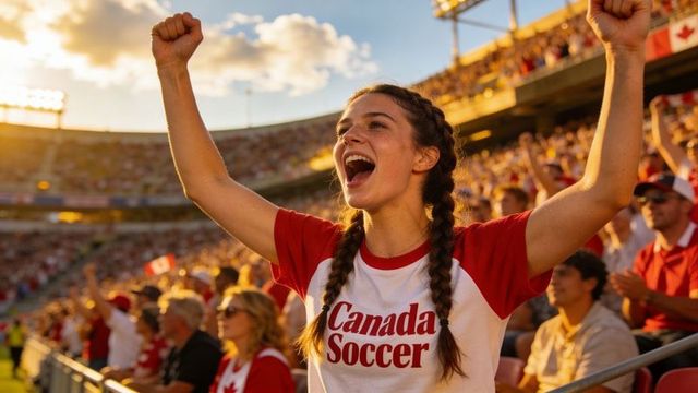 Young woman cheering for canada soccer with arms raised in packed stadium at golden hour