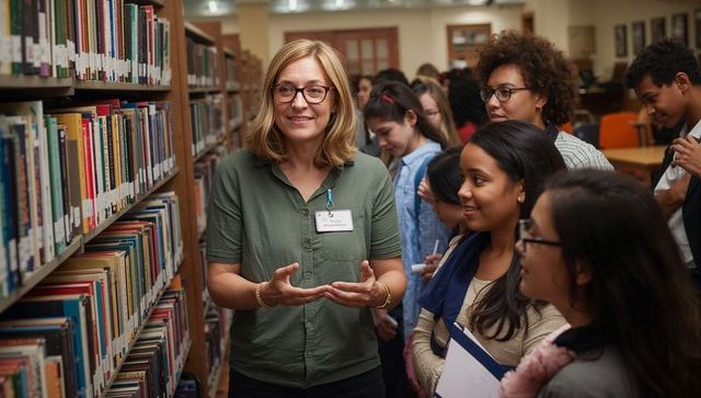 Librarian guiding diverse students through library aisles during school visit and tour