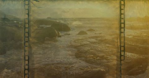 Vintage Sea View with Film Strip and Glitch Effect Sunset