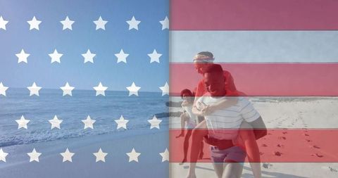 Running friends on sunny beach with american flag overlay celebrating summer and unity