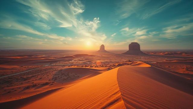 Golden Desert Sunset with Sand Dunes and Rock Formations