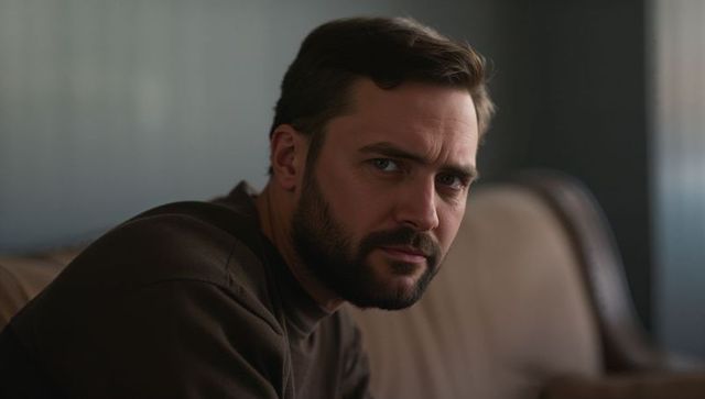 Moody bearded man sitting on sofa looking contemplative in softly lit living room