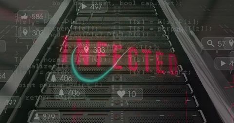 Infected servers in data center with security breach icons