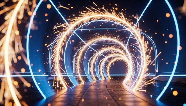 Futuristic neon tunnel spiraling golden sparks reflective panels dramatic light show