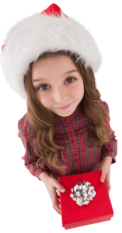 Caucasian Girl in Christmas Hat Holding Gift on Transparent Background Isolated