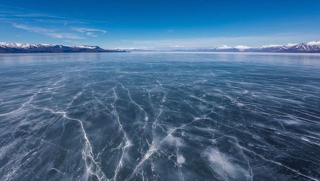 Frozen lake with spiderweb ice cracks stretching toward distant snow-capped mountains
