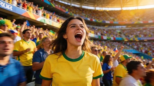 Young woman cheering at soccer match wearing yellow and green, vibrant stadium crowd