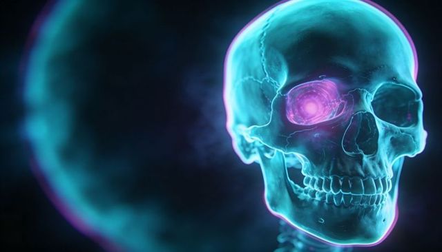 Glowing neon skull with purple eye vortex, cyan holographic energy halo and nebula glow