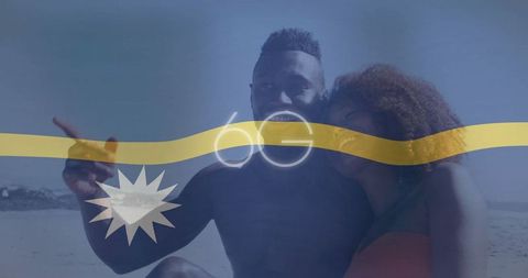 Happy Couple Enjoying Beach Vacation With 6G Technology Concept