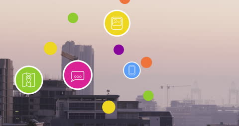 Digital Networking Icons Superimposed on Cityscape