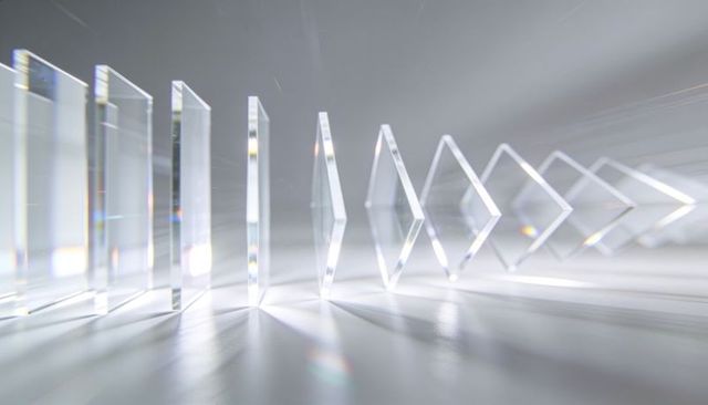 Transparent glass panes creating prism light and minimalist reflections on smooth surface
