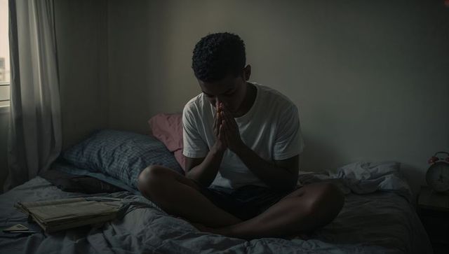 Young man sitting bowing head on rumpled bed pressing hands together in quiet reflection