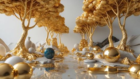 Abstract golden forest with metallic trees and spheres, millionaire lifestyle