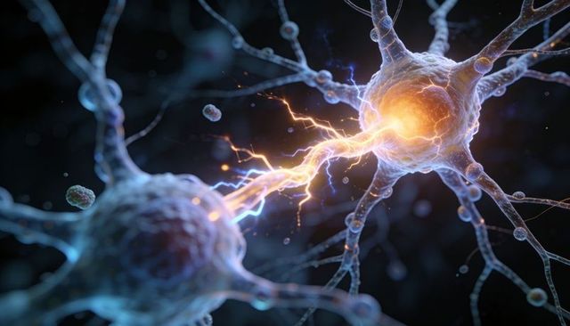 Glowing neuron transmitting electric synaptic signal in microscopic neural network