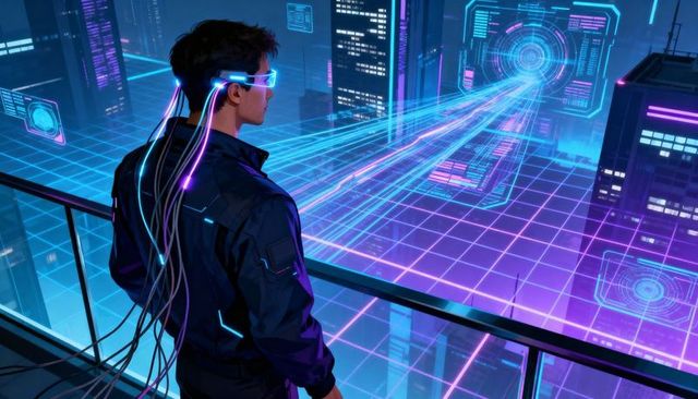 Neon data tunnel: cyberpunk man wearing ar visor and wired tech jacket over city grid