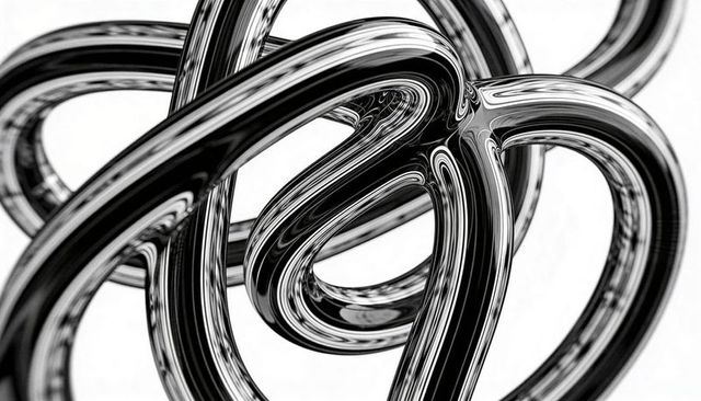 Interwoven chrome tubes forming abstract knots reflective metallic sculpture on white