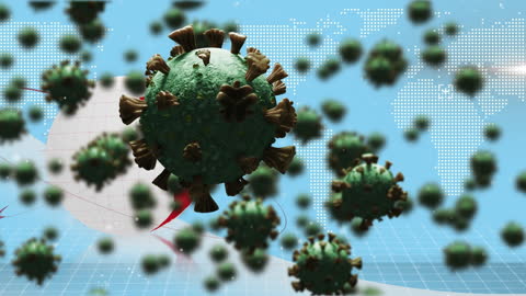 Animated COVID-19 Cells Over Global Map Background