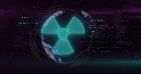Pulsing cyan holographic radiation trefoil hovering in futuristic hud interface with floating code