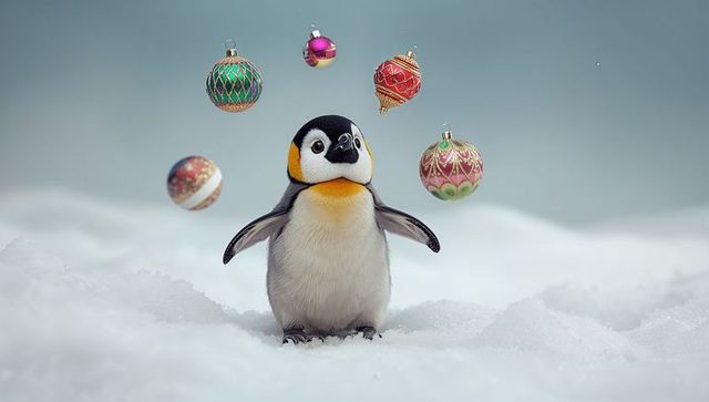 Emperor penguin chick standing in snow with floating christmas ornaments in pastel winter