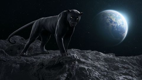 Black panther standing on moonlike crater surveying earth rising over cosmic horizon