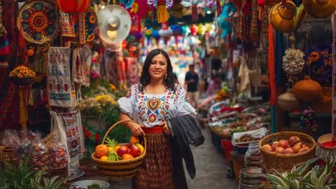 Walking through colorful bazaar smiling and holding fruit basket in embroidered blouse