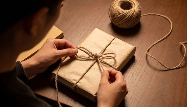 Wrapping kraft-wrapped book with twine on wooden table, hands tying rustic bow