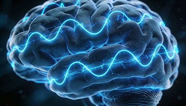 Futuristic 3D Brain Cortex Pulsing with Neon Blue Waveforms for AI and Neuroscience
