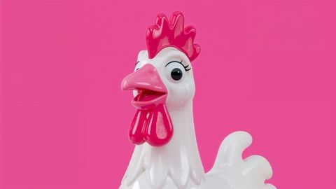 Whimsical cartoon chicken with pink details on bold backdrop