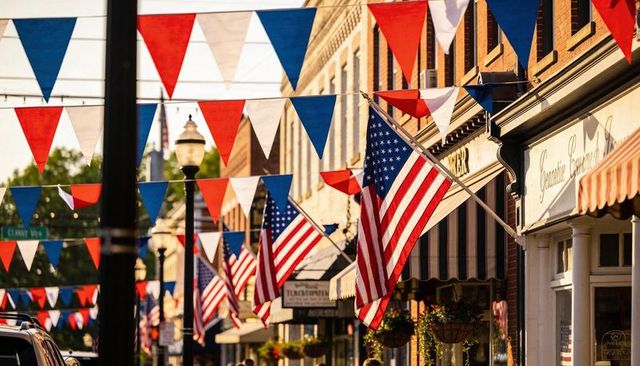 Sunlit town main street waving american flags and red white blue bunting brick storefronts